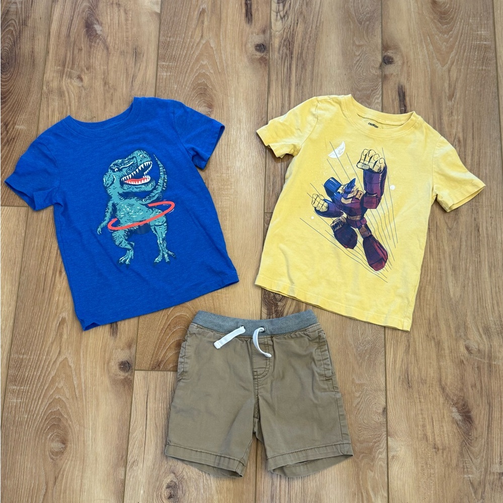 Blue and Yellow Graphic Tees with Khaki Cargo Shorts